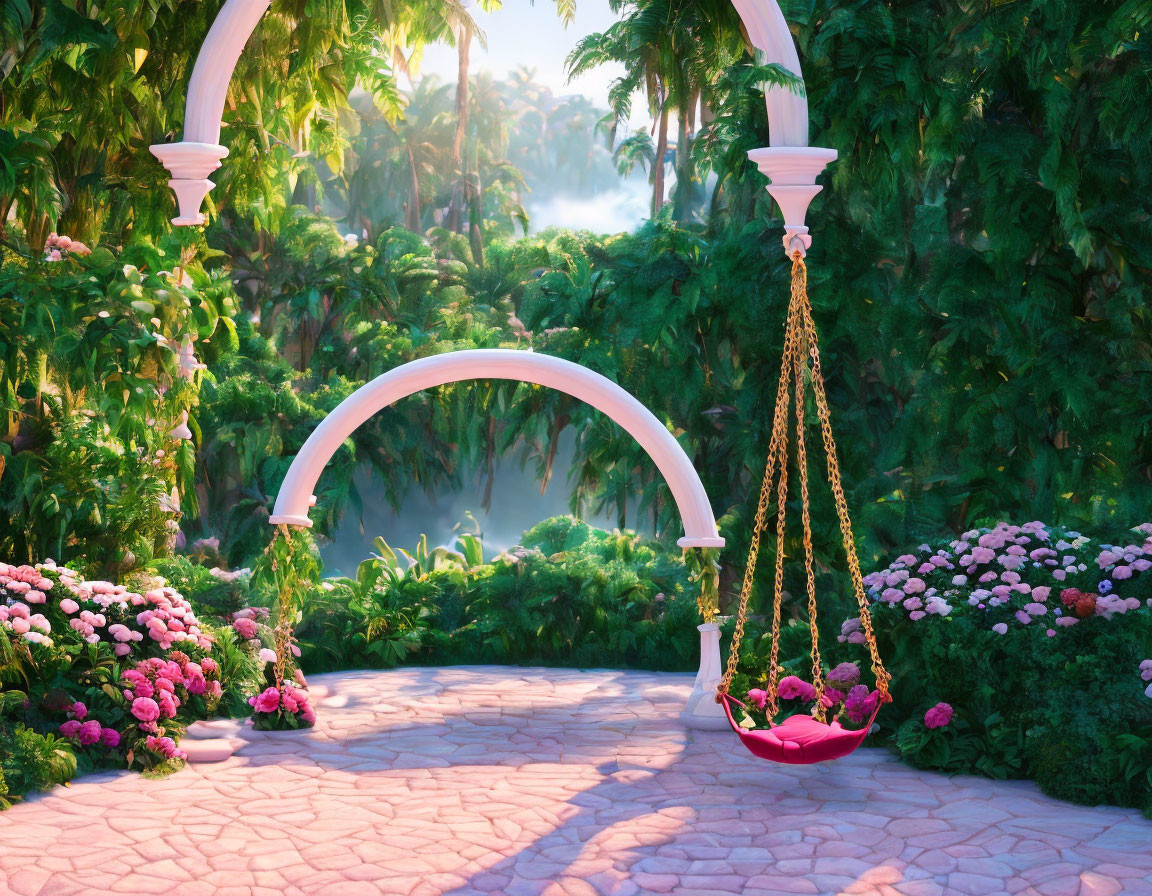 Tranquil garden scene with pink swing under archway surrounded by lush greenery