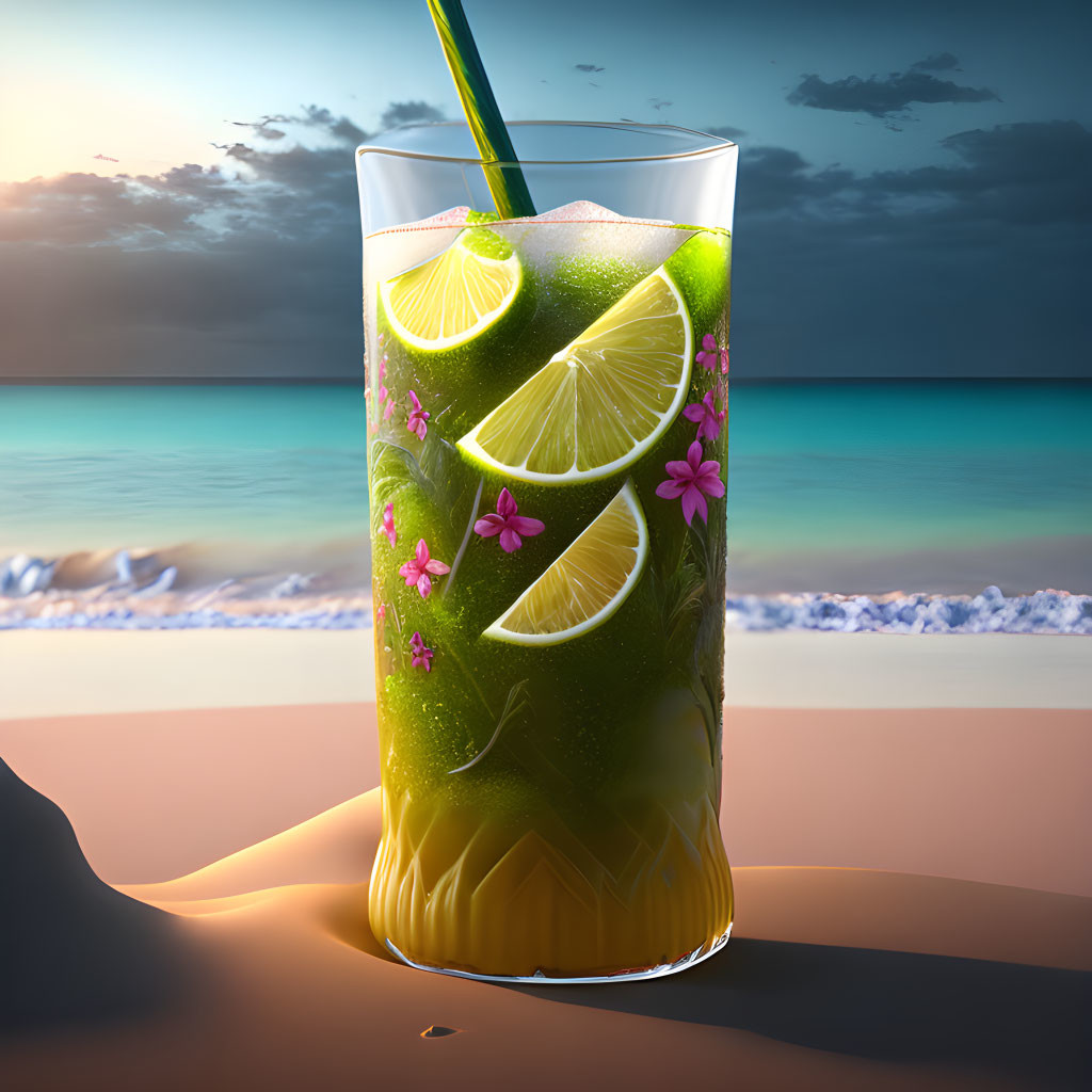 Tropical sunset cocktail with lime slices and pink flowers