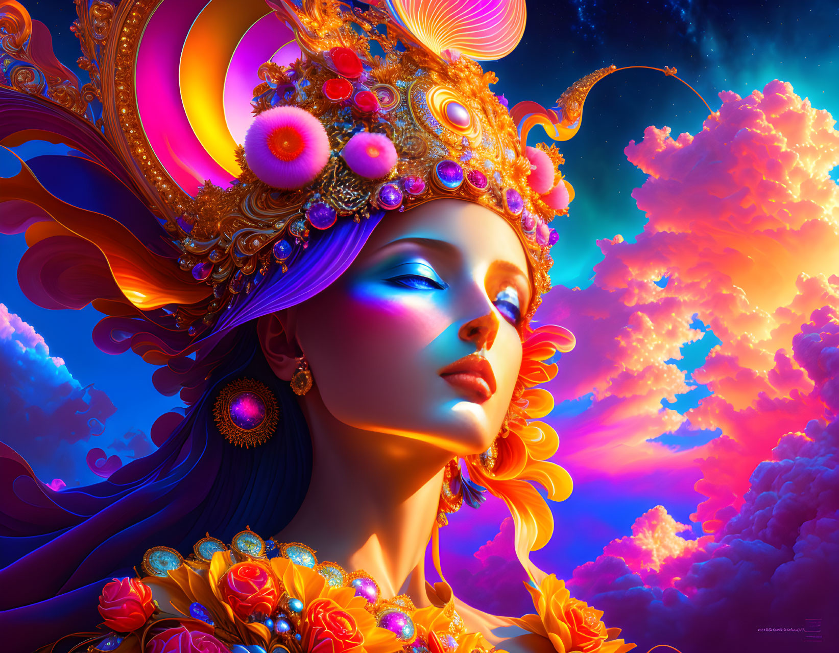 Colorful digital artwork: woman with golden headdress, flowers, vibrant clouds