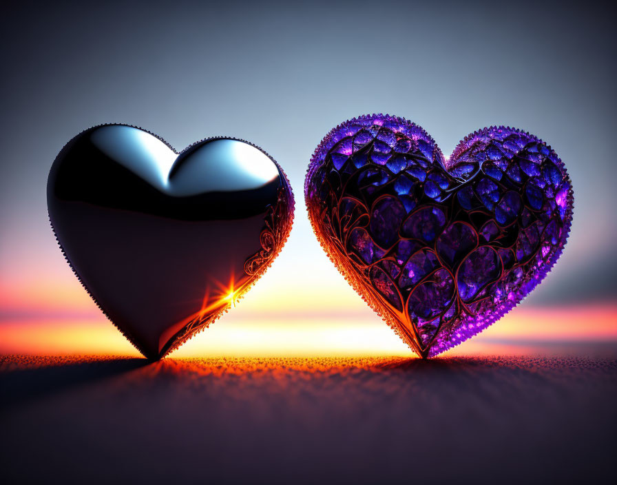 Heart-shaped Black and Purple Objects on Sunset Backdrop