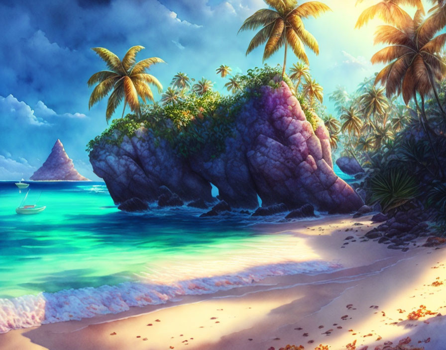 Tropical beach scene with palm trees, blue water, colorful rocks, distant island, and sailboat