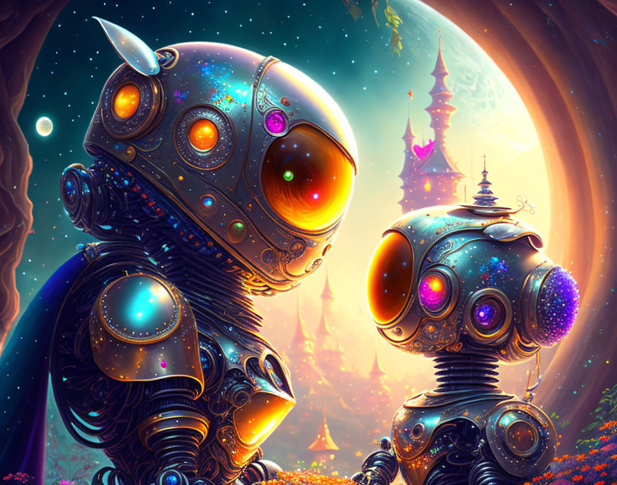 Whimsical robots with glowing orbs in vibrant fantasy landscape