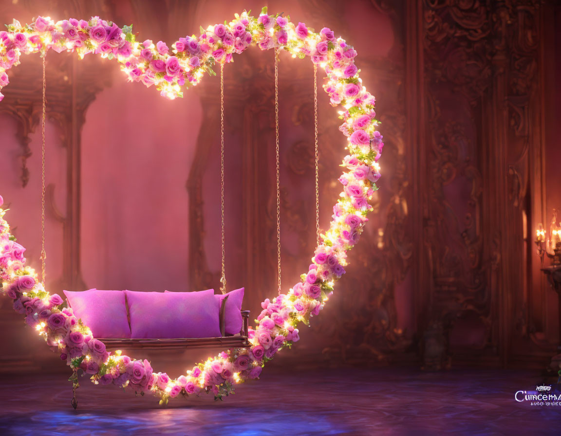 Heart-shaped swing with roses and plush violet seat in elegant room.