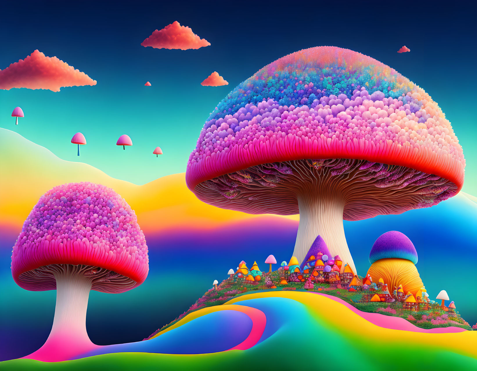 Colorful surreal landscape with giant mushroom structures and whimsical houses under rainbow sky.