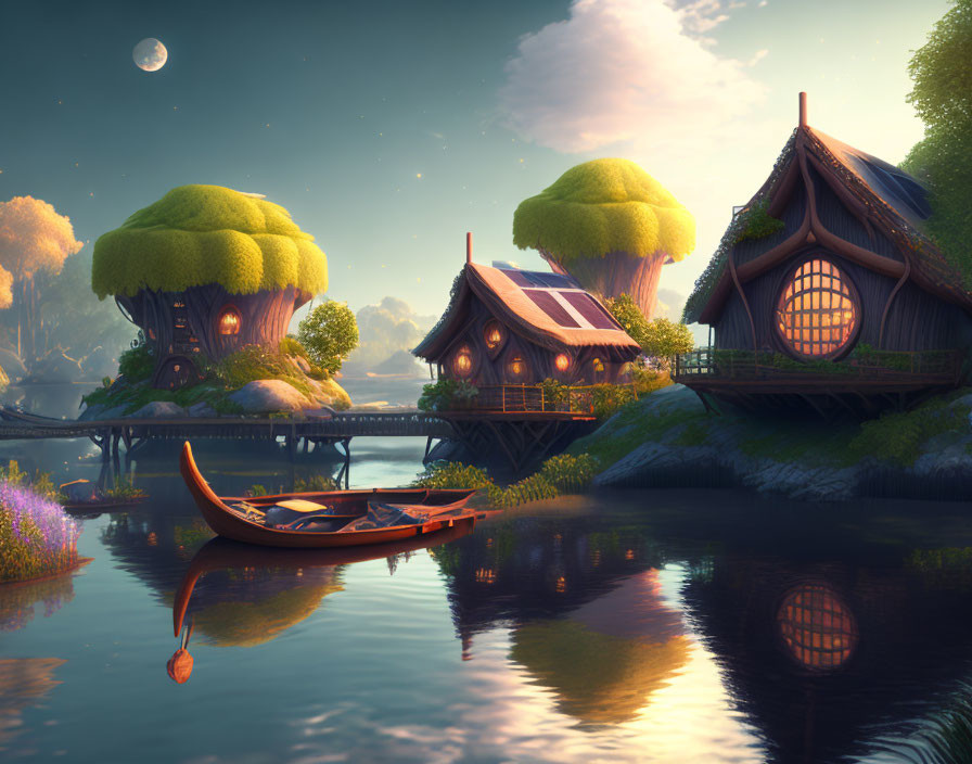 Tranquil fantasy scene: Thatched-roof cottages, calm river, wooden boat, dusk