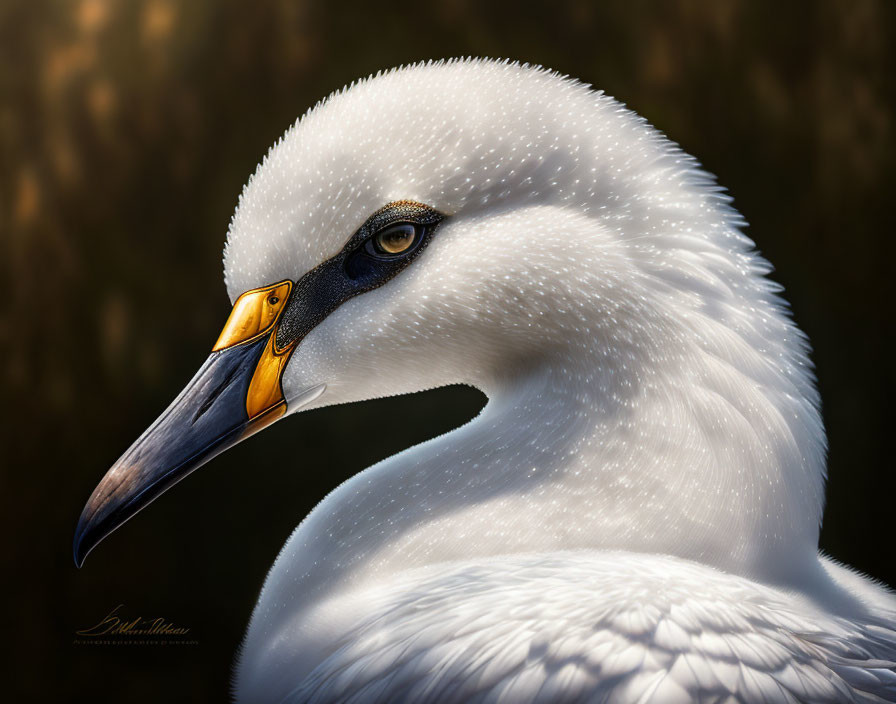 White swan with detailed feathers, dark eye, and orange beak on blurred background