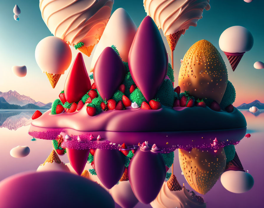 Colorful surreal landscape with floating desserts and shapes above reflective surface