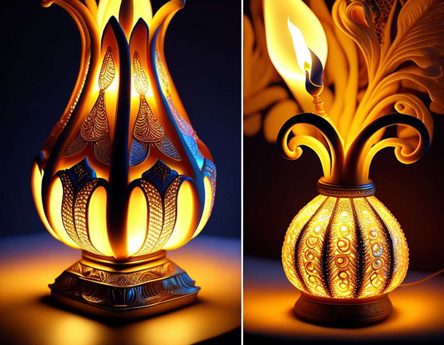 Ornate illuminated lamps with intricate patterns on dark background