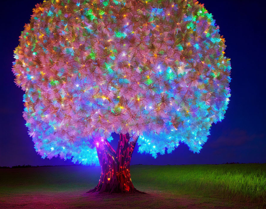 Colorful Lights Illuminate Vibrant Tree at Night