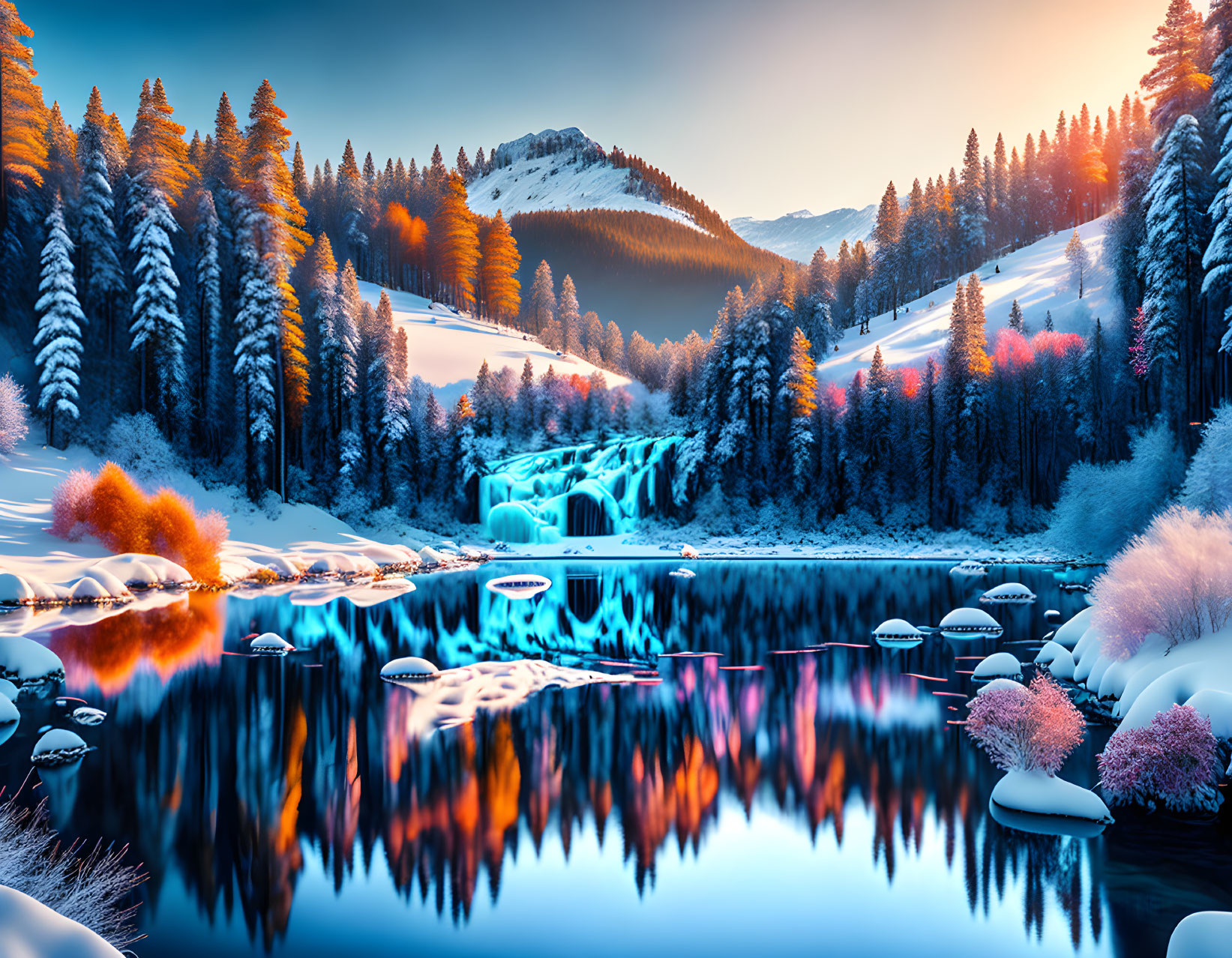 Tranquil winter landscape with snowy pine trees and reflective lake