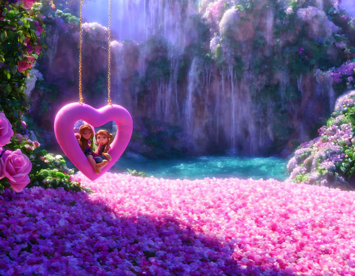 Animated characters on heart swing with pink flowers & waterfalls