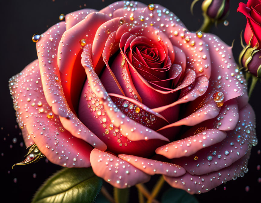 Vibrant red rose with water droplets on dark background