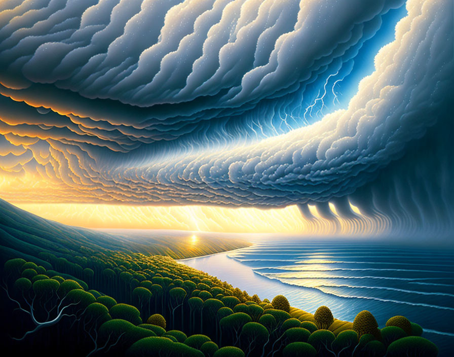 Surreal landscape with undulating clouds, sunlit horizon, serene river, and dense treet