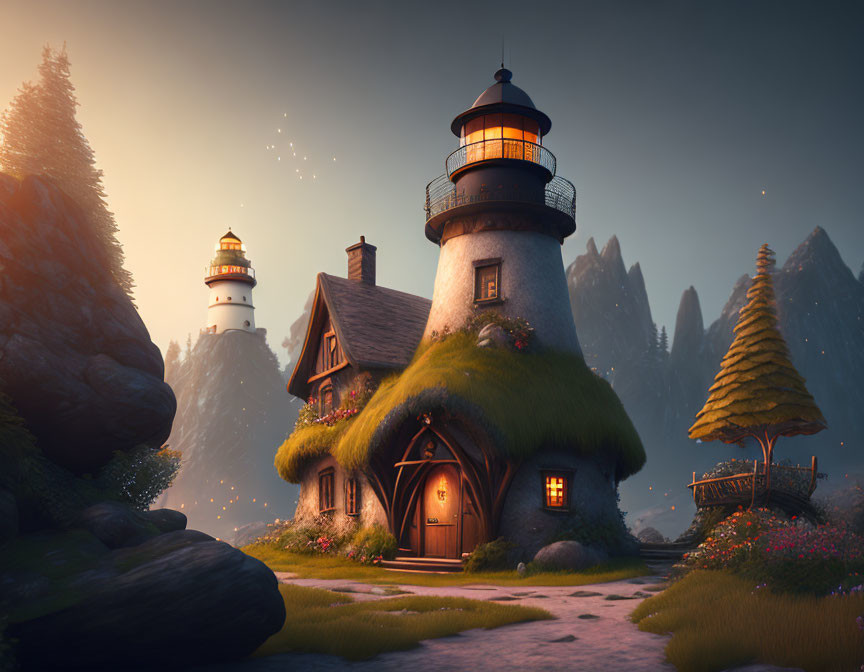 Whimsical lighthouse and cottage in lush greenery at twilight