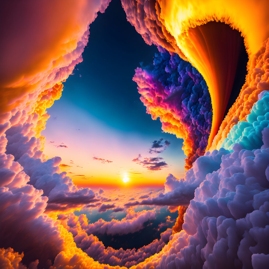 Surreal sunset with swirling cloud vortex in warm colors