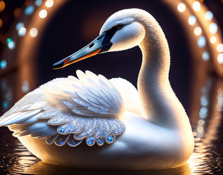 Majestic white swan in sparkling water with light bokeh