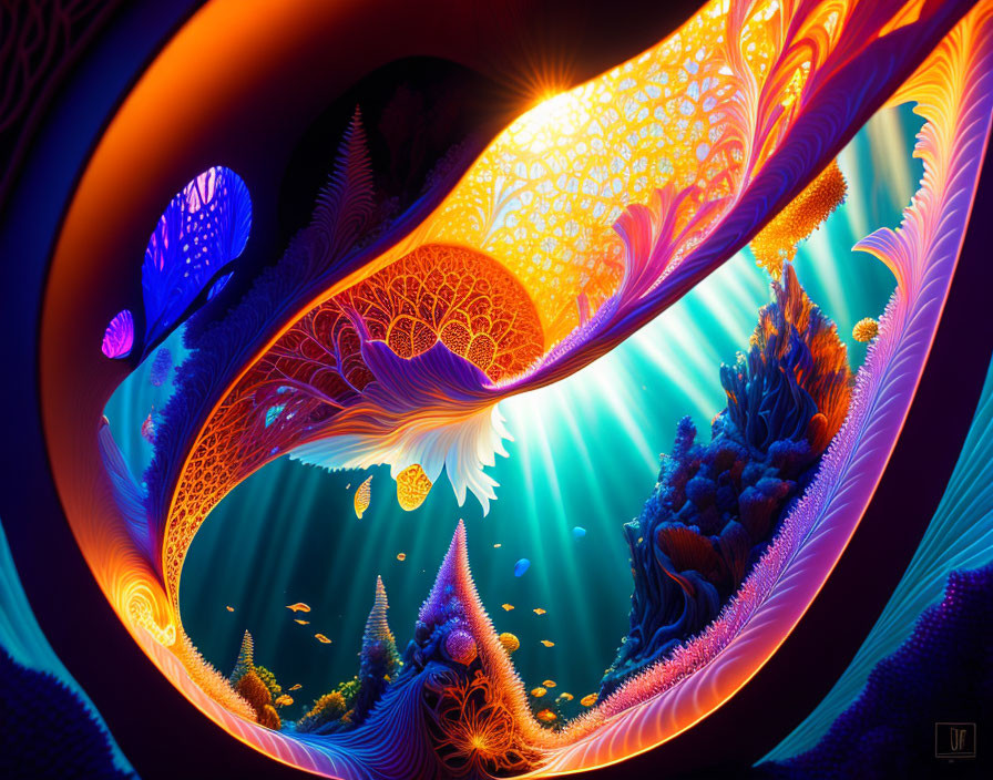 Colorful Digital Artwork with Swirling Fractal Design in Orange and Blue Tones