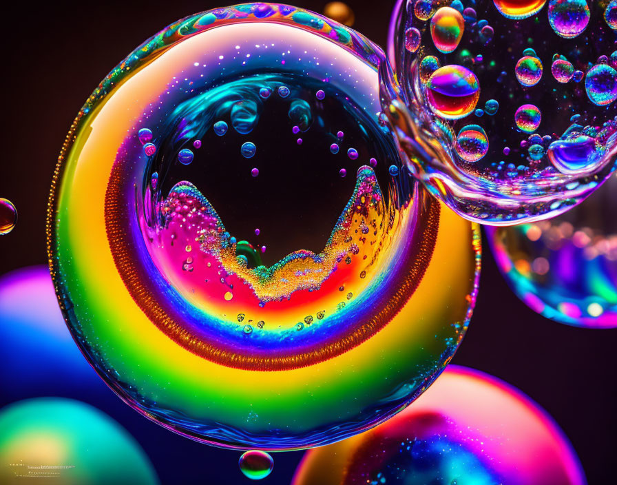 Colorful Soap Bubbles with Rainbow Hues on Dark Background