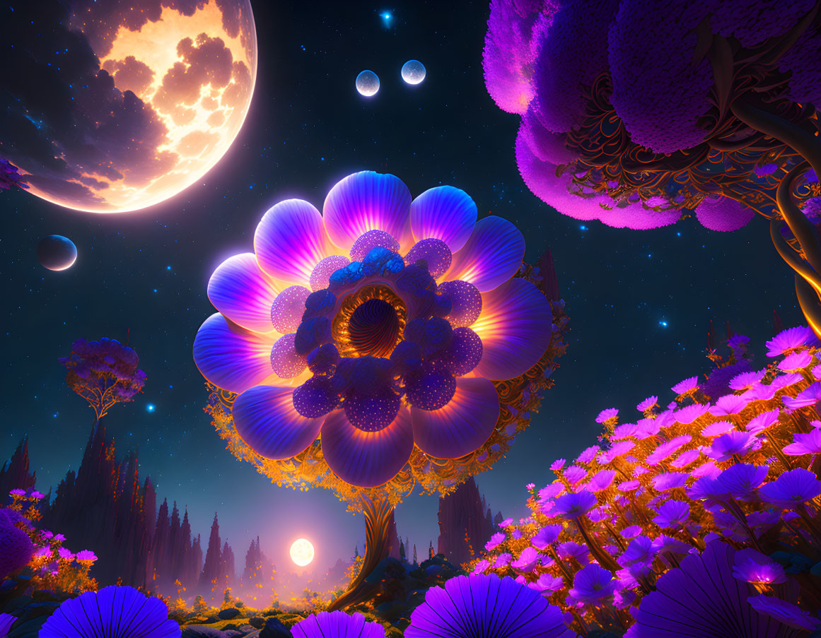 Fantasy landscape with glowing tree, luminescent flora, and multiple moons