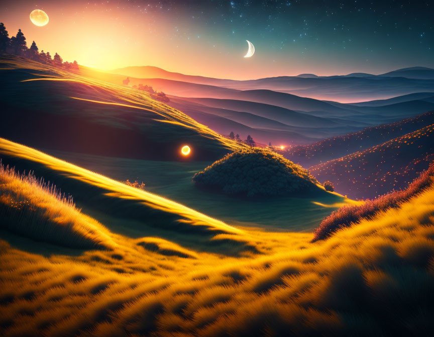 Surreal landscape with golden fields under twilight sky