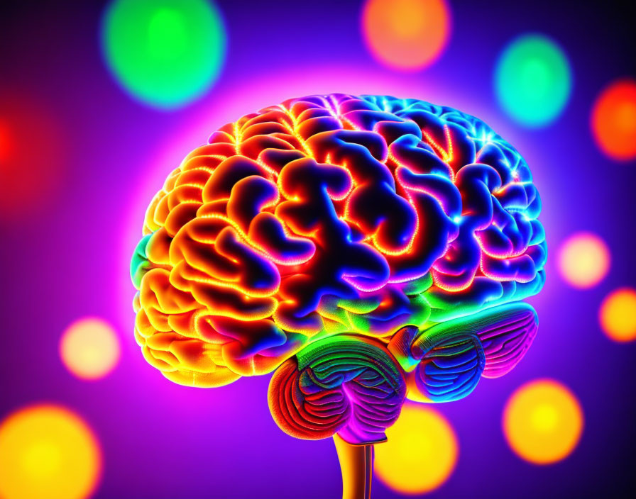 Colorful Human Brain Illustration with Multicolored Glow and Blurred Orbs