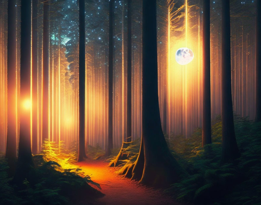 Enchanting forest path with towering trees and full moon glow