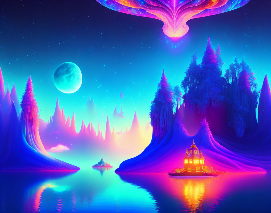 Fantasy landscape with neon trees, glowing house, lake, moon, and floating island