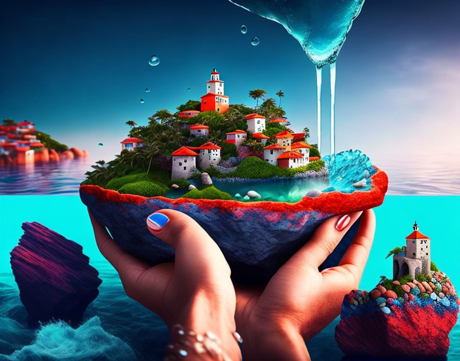 Vibrant island slice with colorful houses and lighthouses, surreal blue backdrop