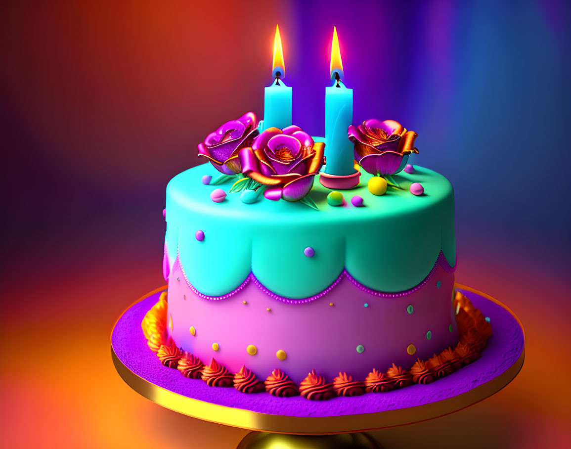 Colorful Two-Tiered Birthday Cake with Candles and Decorative Frosting