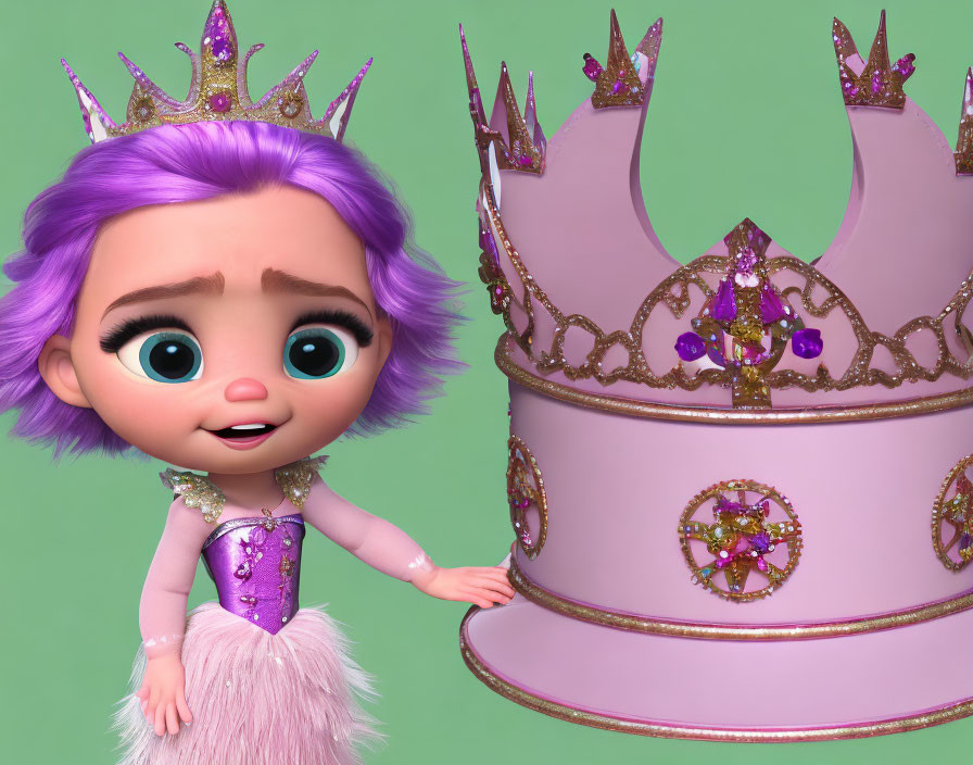 Purple-haired 3D character with crown next to crown-shaped cake on green background