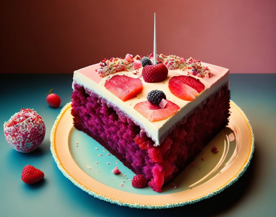 Pink layered cake with strawberries and figs on decorative plate