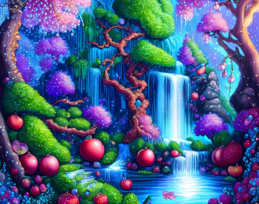 Colorful Fantasy Landscape with Waterfall and Glowing Flora