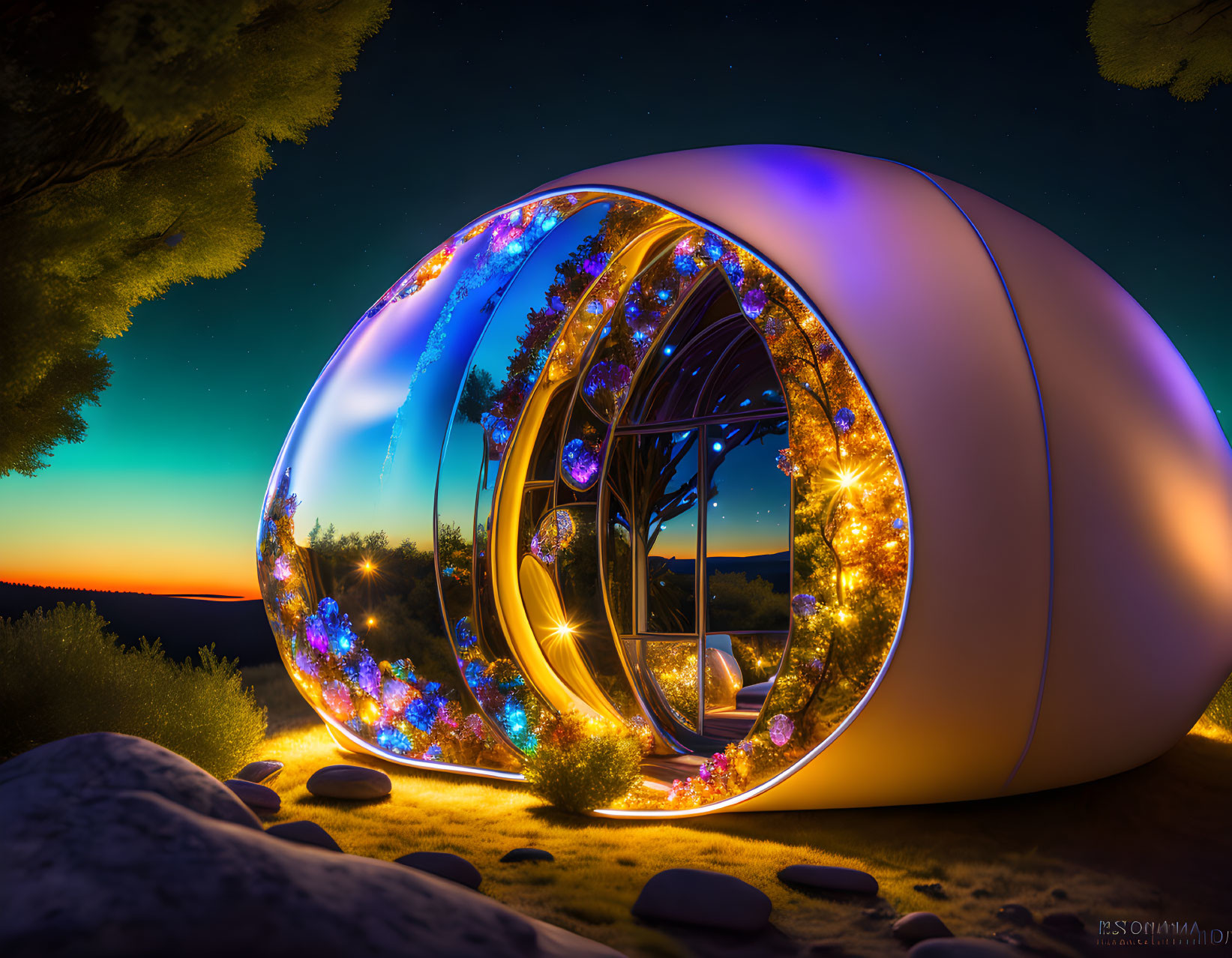 Futuristic illuminated pod structure in serene outdoor setting