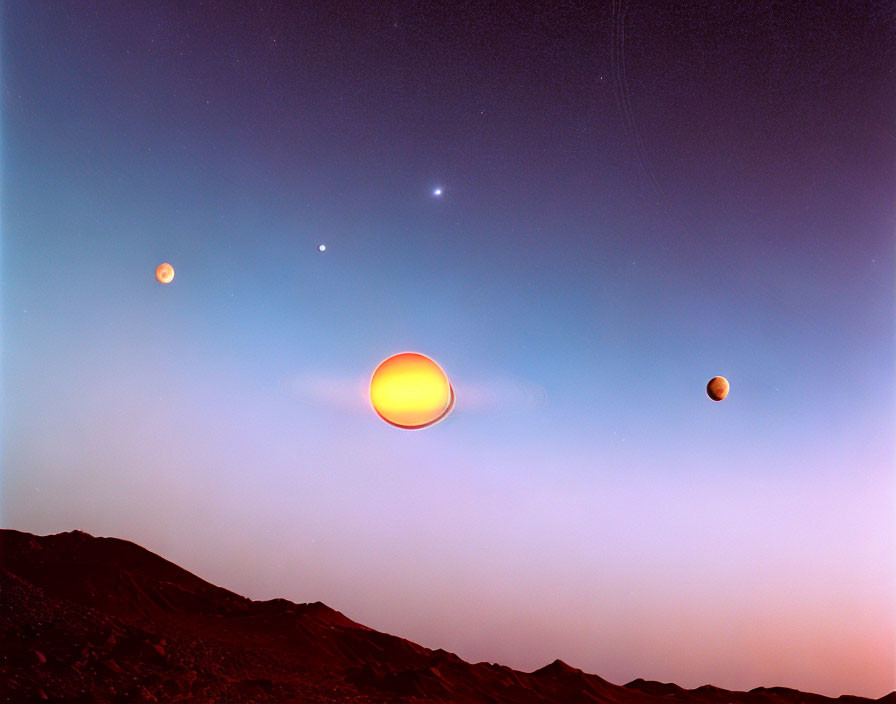 Starry Dusk Sky with Planetary Bodies and Halo Effect