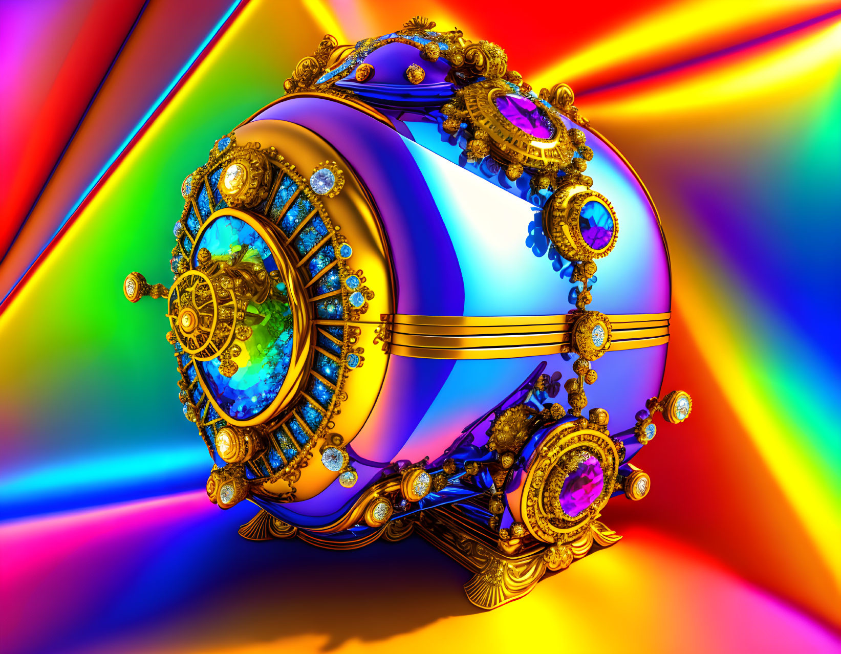 Intricate Golden Sphere with Gears and Jewels on Rainbow Background