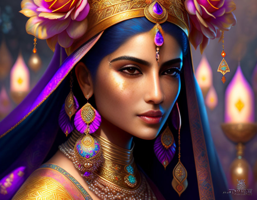 Portrait of woman with blue hair, gold jewelry, and floral headdress with candles background