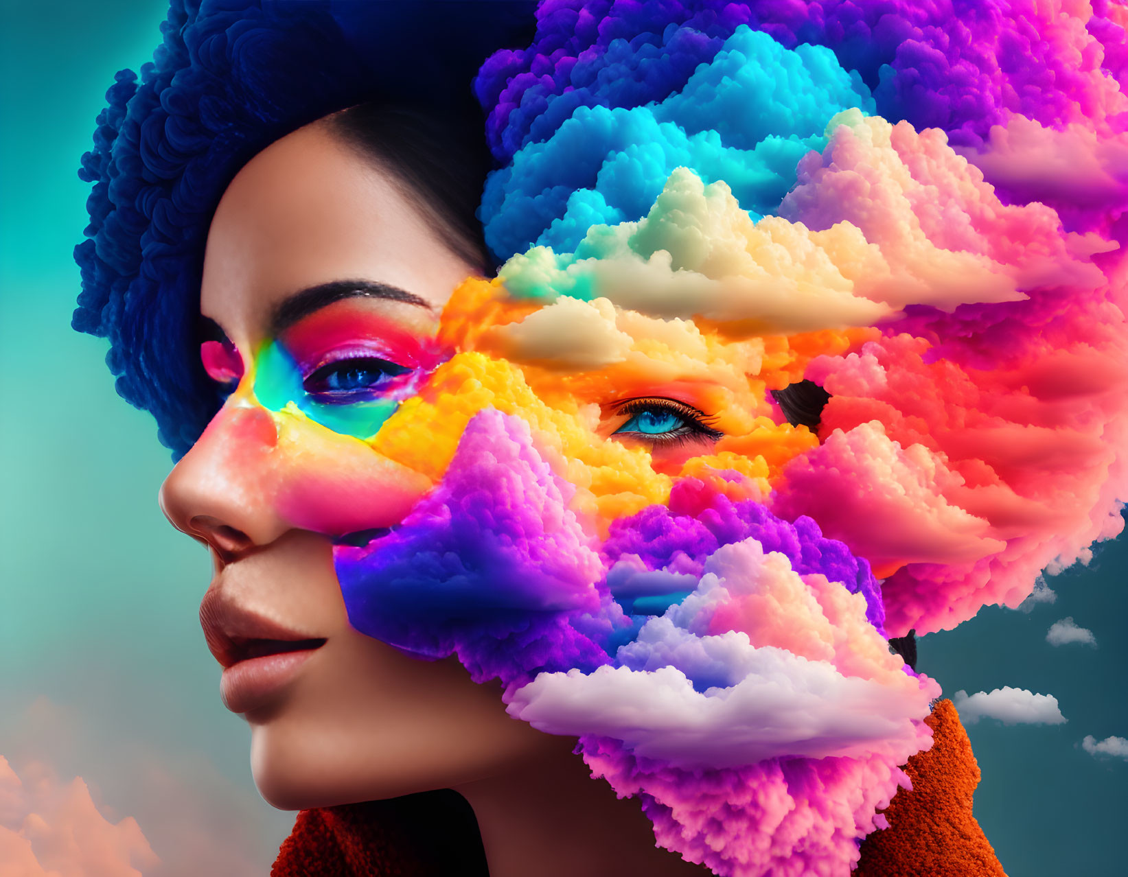 Colorful digital artwork: Woman's profile merging with vibrant clouds