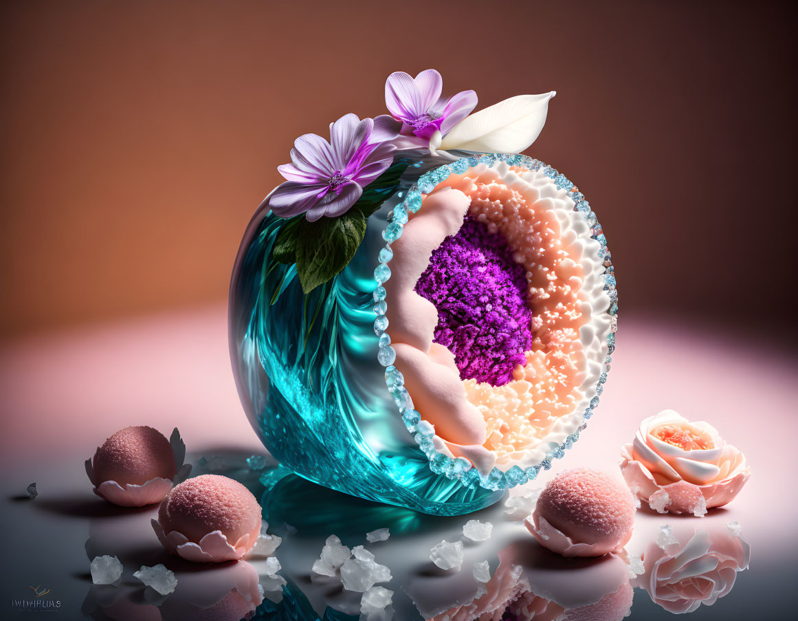Circular glass-like object with flowers and colorful textures, rose petals, and salt crystals on reflective surface