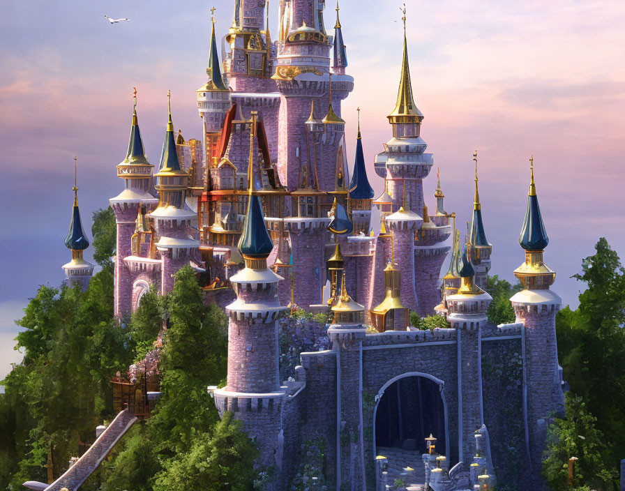 Majestic fairytale castle with spires and turrets in golden sunset light