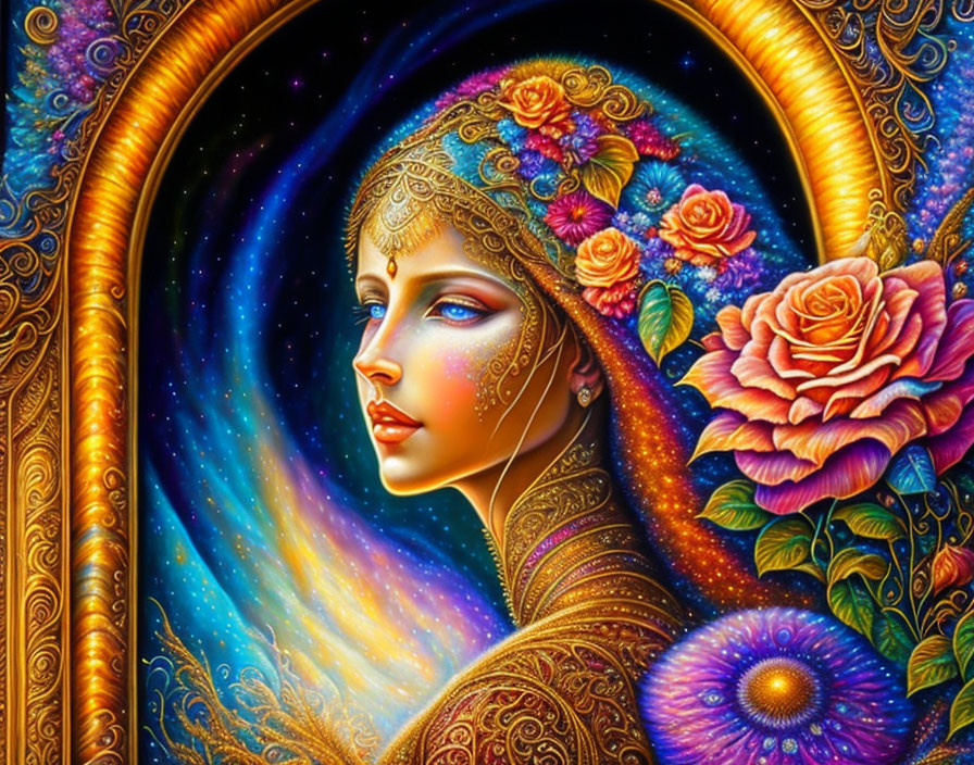 Colorful Artwork: Woman with Blue Skin and Gold Headpiece in Cosmic Setting