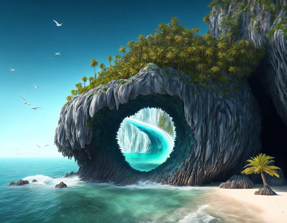 Circular sea cave on picturesque island with visible wave, sandy beach, palm trees, clear skies