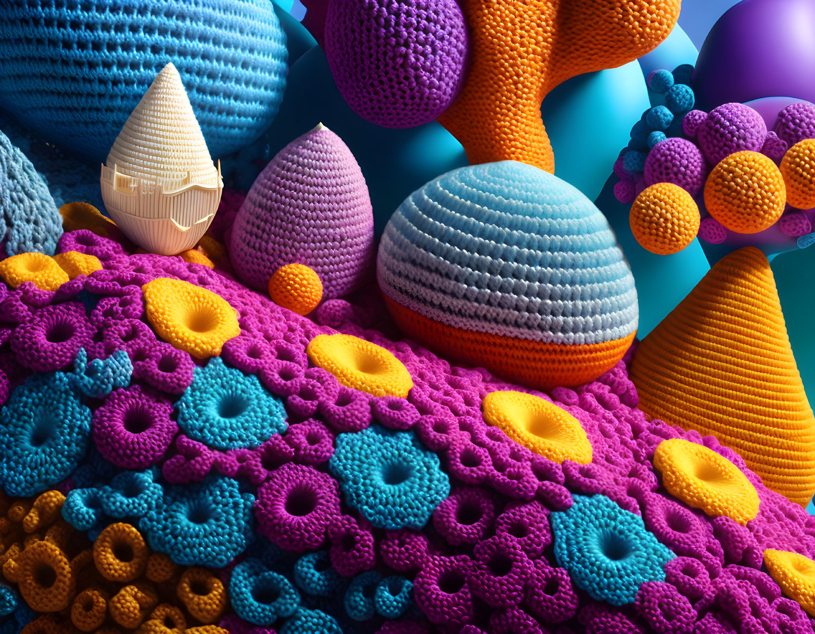 Vivid Crochet-Inspired Shapes on Blue Background