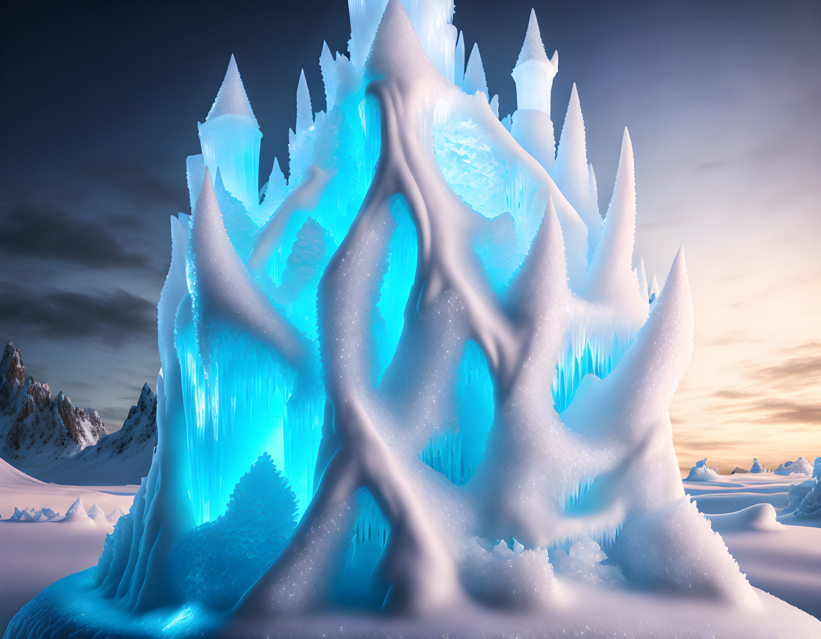 Fantasy Ice Castle with Spiky Towers in Snowy Twilight Landscape