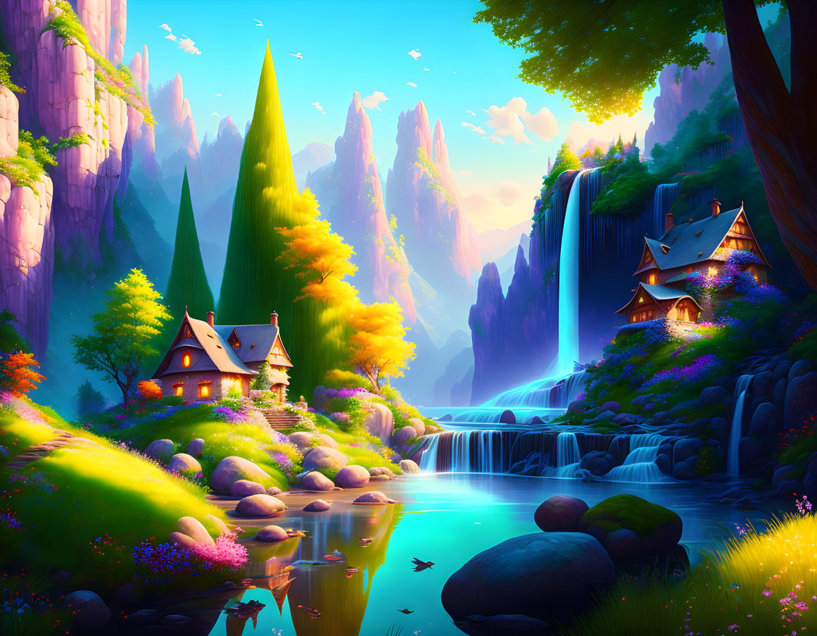 Fantasy landscape with waterfall, river, cottages, and rock formations