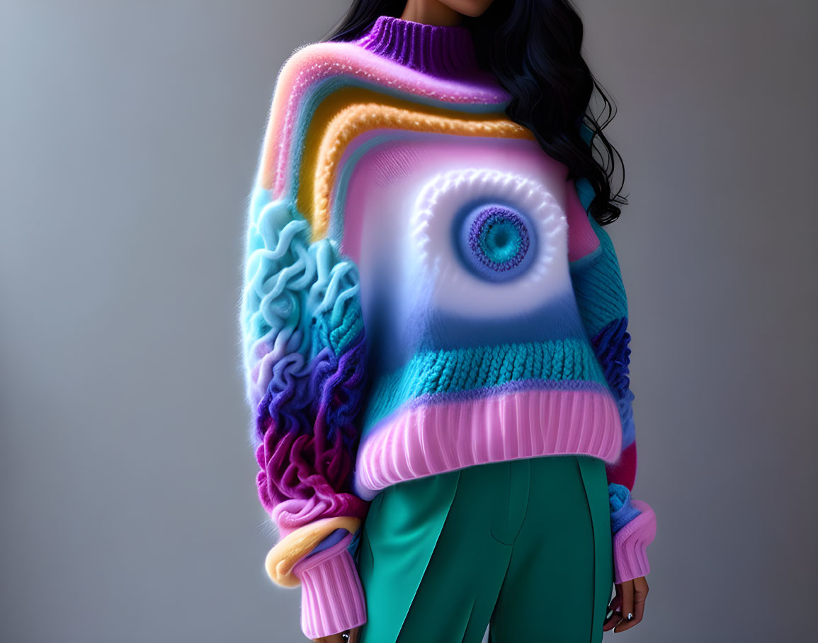 Colorful Textured Sweater with Abstract Designs and Teal Pants on Woman