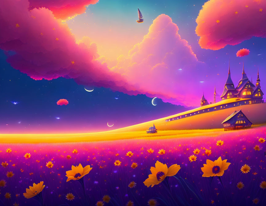 Colorful fantasy landscape with castle, flowers, moons, and flying ship at dusk