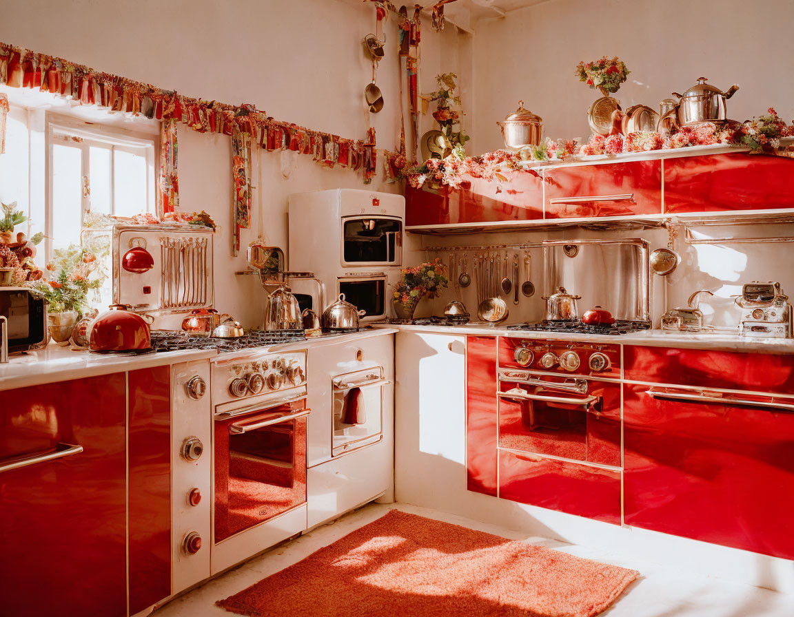 Vintage Red Retro-Style Kitchen with Appliances & Cookware