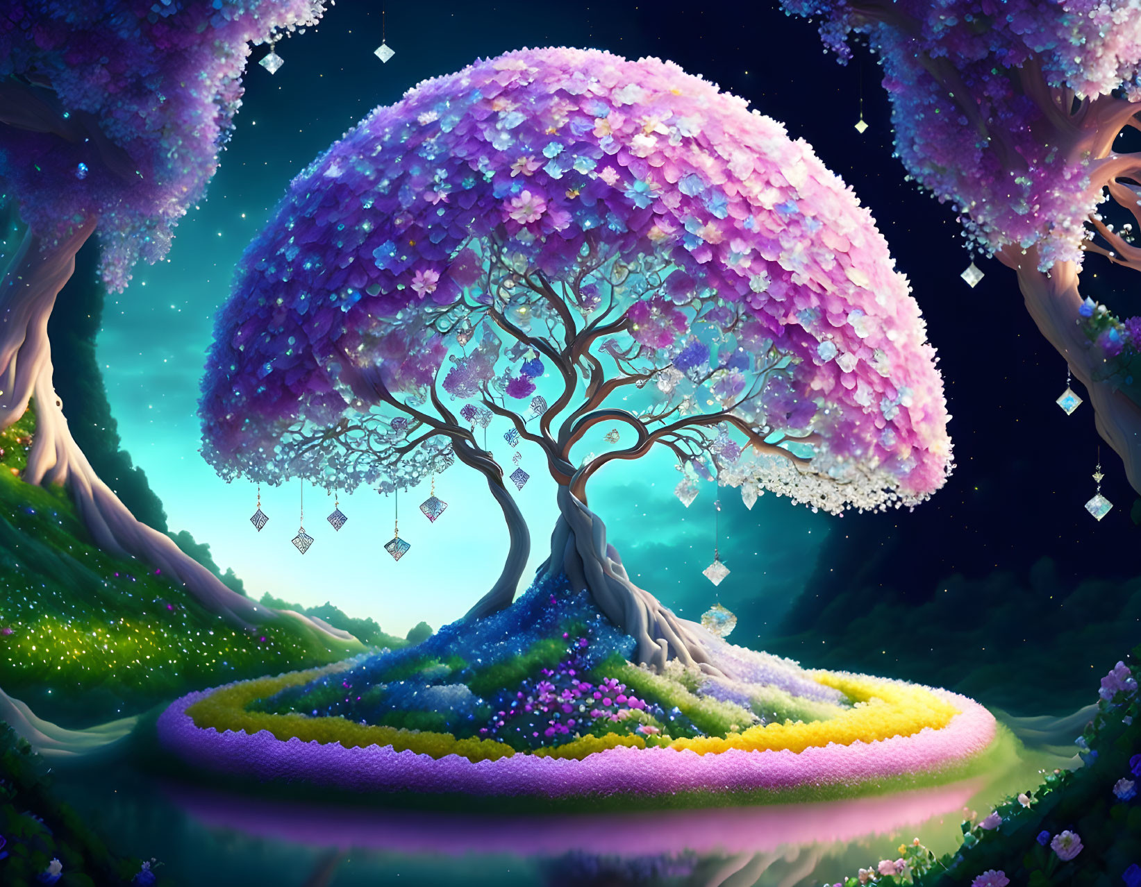 Vibrant purple tree on colorful island with floating crystals under starry sky