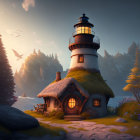 Whimsical lighthouse and cottage in lush greenery at twilight