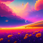 Colorful fantasy landscape with castle, flowers, moons, and flying ship at dusk